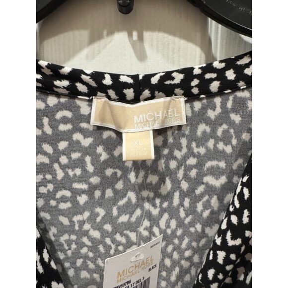 NWT Michael Kors Dress Black Wrap Tie Black White Spots Short Sleeve Womens XL - Picture 3 of 5